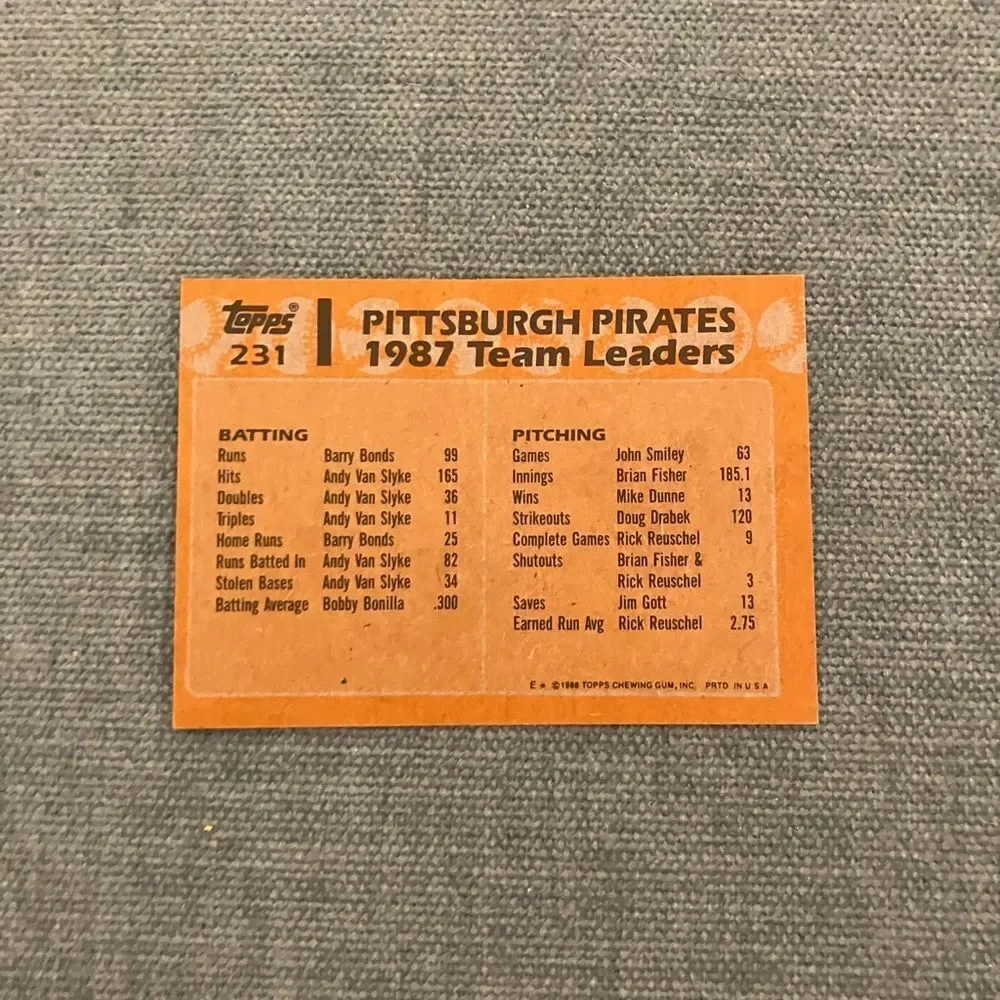 1988 Topps Pittsburgh Pirates Baseball Card Trading Card
